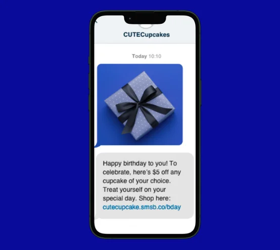 Birthday SMS offer from CUTECupcakes with $5 discount and gift image